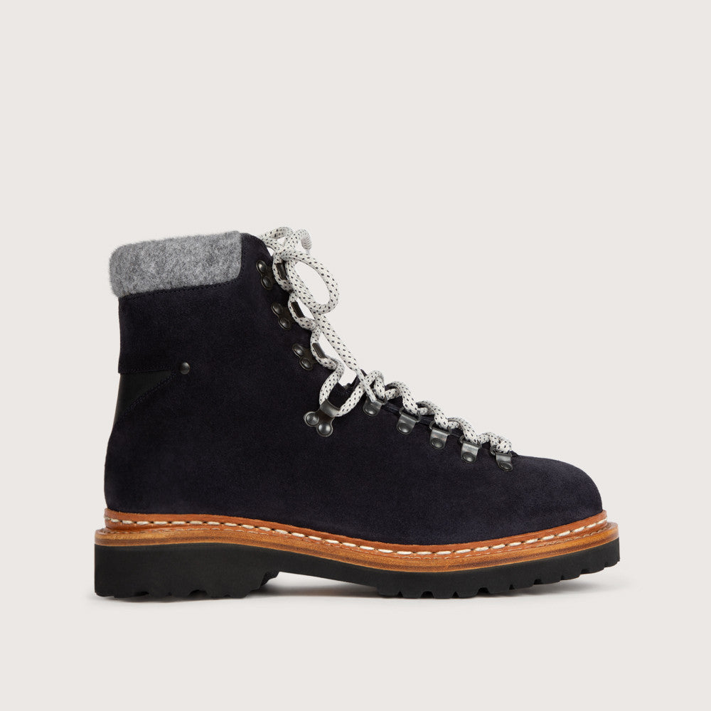 Iseran men's shearling-lined boots in Navy Hydrovelours, with Roccia sole. Heschung & Cie Iseran men's shearling-lined boots in Navy Hydrovelours, with Roccia sole. Heschung & Cie