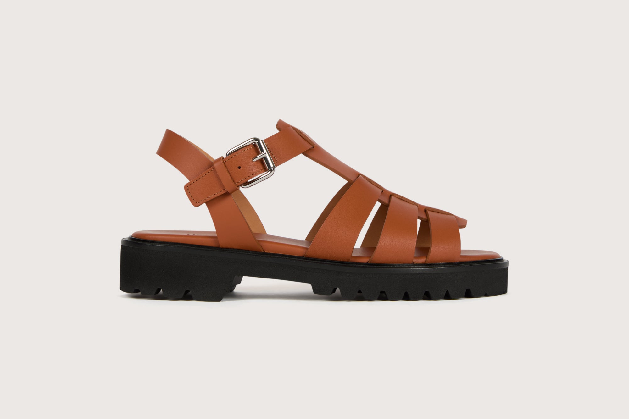 Athna women's sandal in Cognac brown Box calfskin, with a lightweight rubber sole Heschung & Cie Athna women's sandal in Cognac brown Box calfskin, with a lightweight rubber sole Heschung & Cie